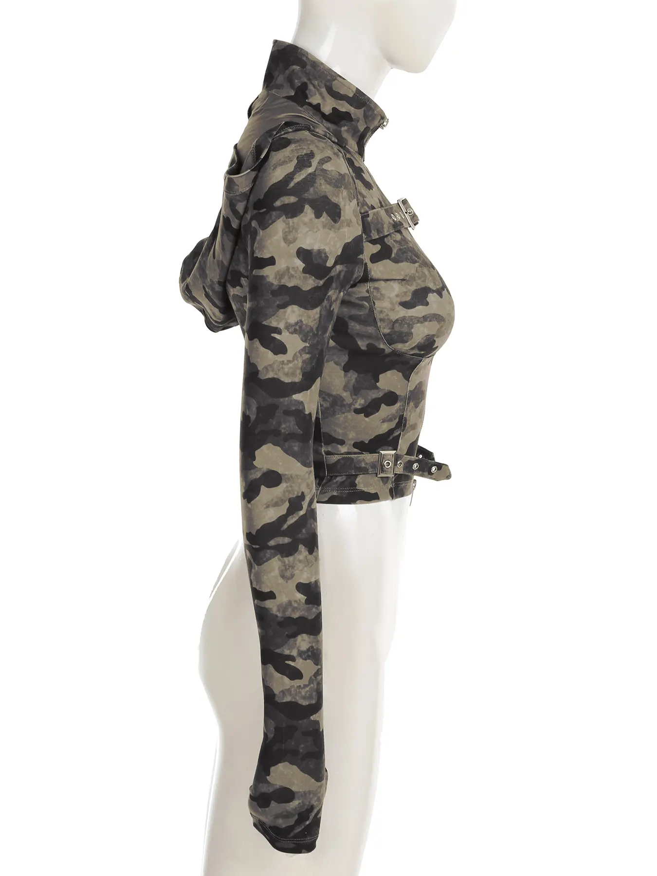 Rockmore Camouflage Retro Hooded T-shirts Women Streetwear Short Slim Clothes Causal Y2k Zipper Long Sleeve Crop Top Grunge Tees