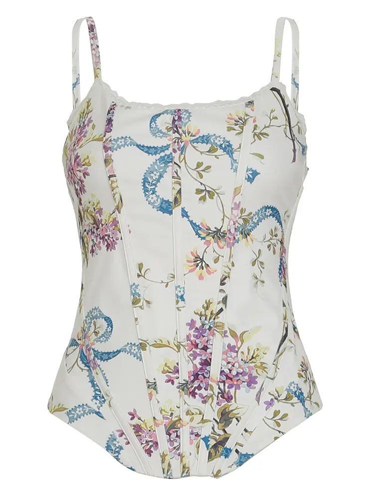 Rockmore French Floral Print Corset Top Women Elegant Backless Cross Bandage Camis Crop Top Y2K Aesthetic Vintage Female Bustier