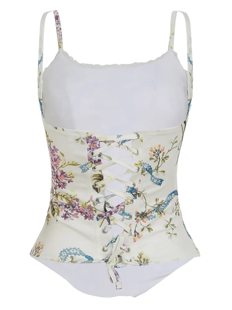 Rockmore French Floral Print Corset Top Women Elegant Backless Cross Bandage Camis Crop Top Y2K Aesthetic Vintage Female Bustier