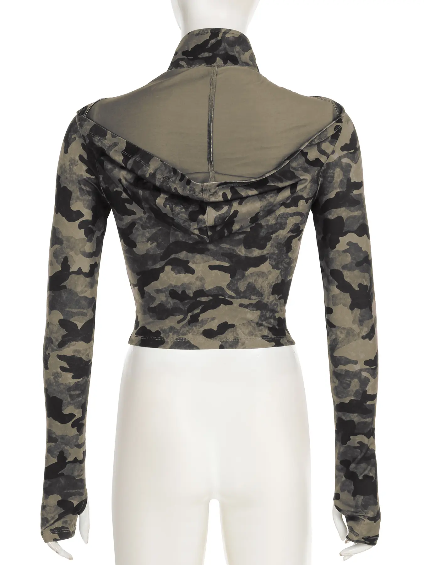 Rockmore Camouflage Retro Hooded T-shirts Women Streetwear Short Slim Clothes Causal Y2k Zipper Long Sleeve Crop Top Grunge Tees