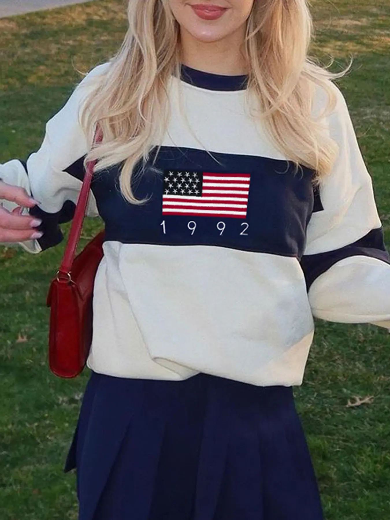 Rockmore Preppy Style American Flag Print Knitted Sweater Women Y2k Clothes Vintage Casual Streetwear Full Sleeve Oneck Pullover