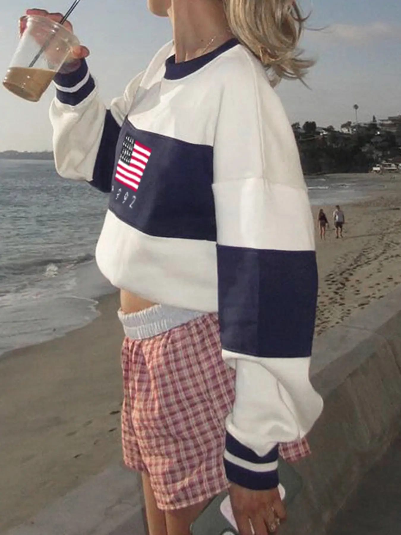 Rockmore Preppy Style American Flag Print Knitted Sweater Women Y2k Clothes Vintage Casual Streetwear Full Sleeve Oneck Pullover