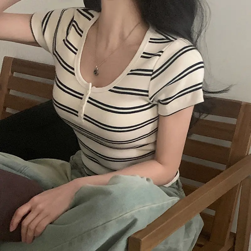 Rockmore Striped Knit Crop Top All Match Short Sleeve Slim Fit T Shirts Summer Casual Round Collar T-Shirt Women Korean Fashion