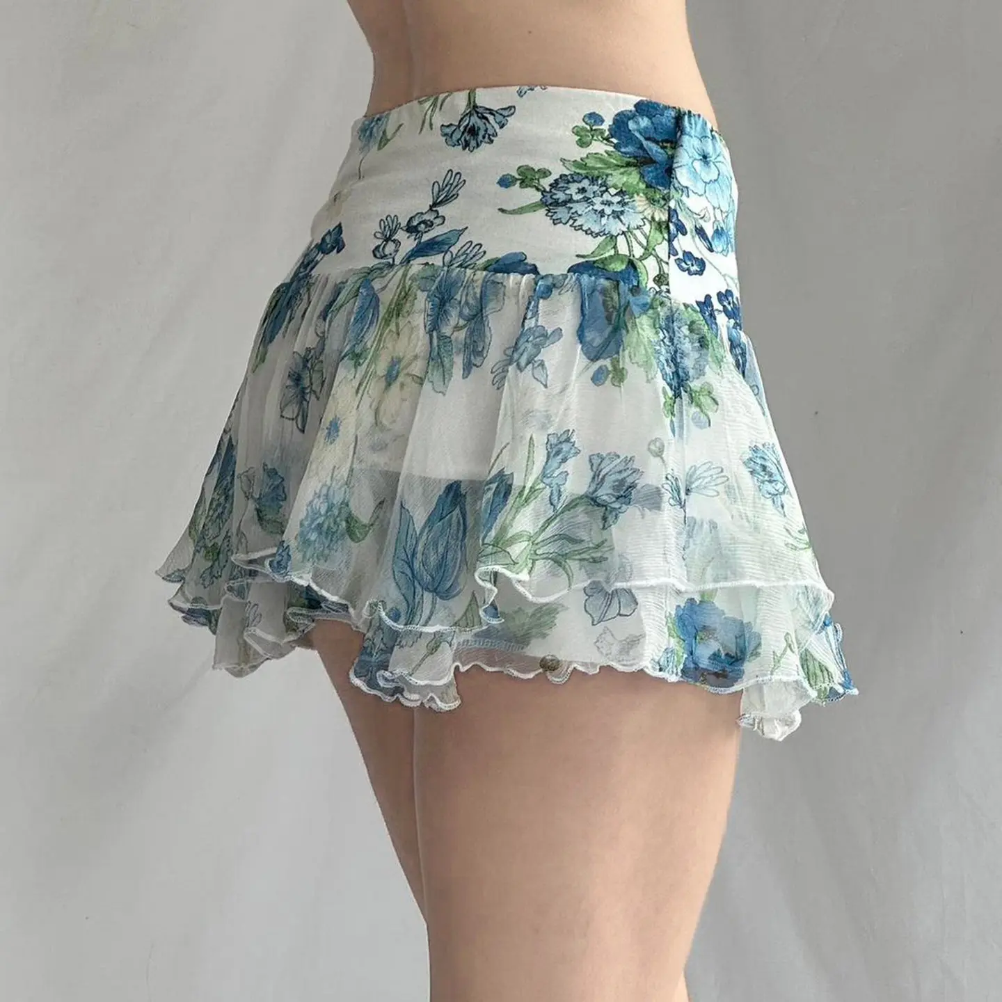 Rockmore Floral Print Mesh Mini Skirts for Women Y2k Coquette Aesthetic Irregular Mesh Low Waist Pleated Skirt Summer 2025