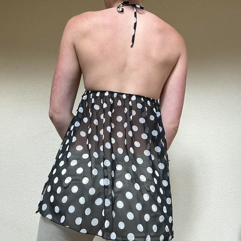 Women's Polka Dot Print Halter Neck Cami Casual A-line Hem Top for Summer Ladies Sexy Mesh See-through Backless Lace-Up Tops