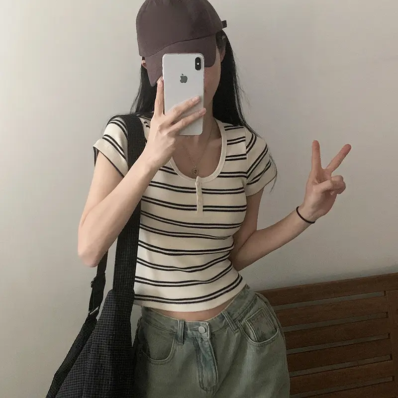 Rockmore Striped Knit Crop Top All Match Short Sleeve Slim Fit T Shirts Summer Casual Round Collar T-Shirt Women Korean Fashion
