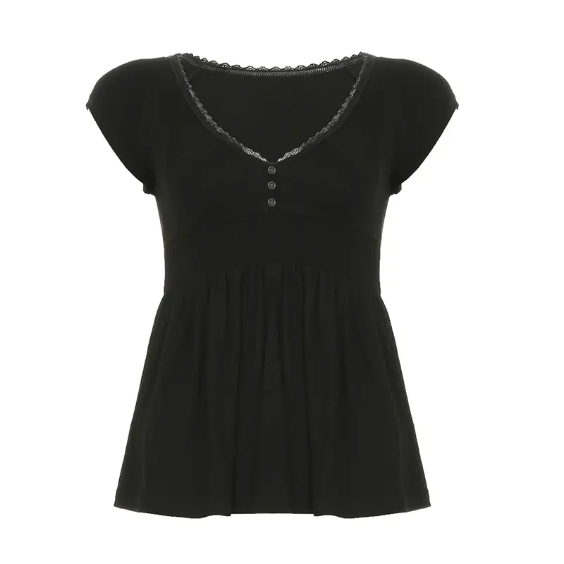 Rockmore Women's T Shirt Summer Solid Color Basic Lace Trim V-neck Short-sleeved T-shirt y2k Cutecore Coquette Slim A-line Tops