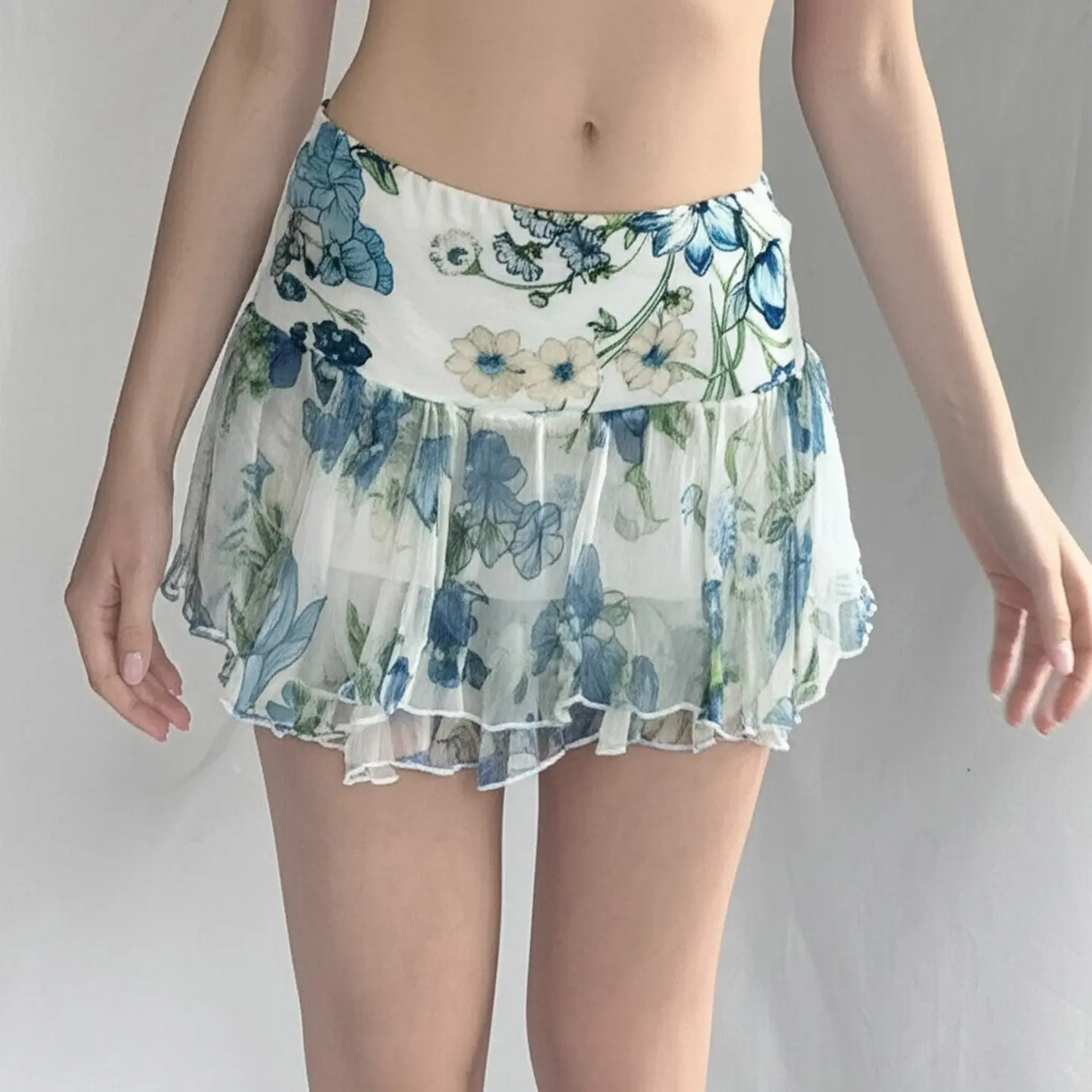 Rockmore Floral Print Mesh Mini Skirts for Women Y2k Coquette Aesthetic Irregular Mesh Low Waist Pleated Skirt Summer 2025
