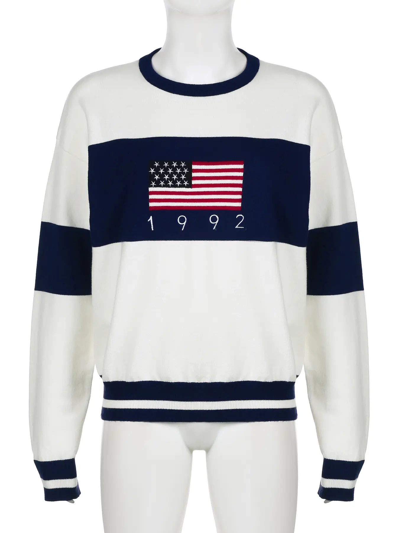 Rockmore Preppy Style American Flag Print Knitted Sweater Women Y2k Clothes Vintage Casual Streetwear Full Sleeve Oneck Pullover