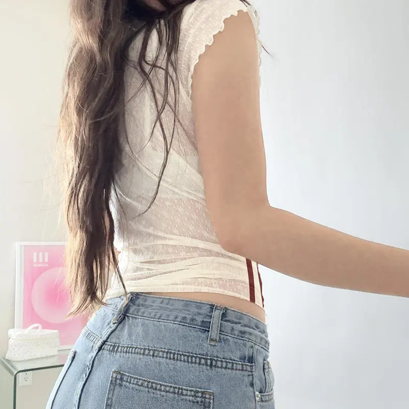 Rockmore Women's Lace See Through Print V Neck Crop Tops Summer Casual Basic Short Sleeve T-shirt y2k Aesthetic Grunge Fairycore