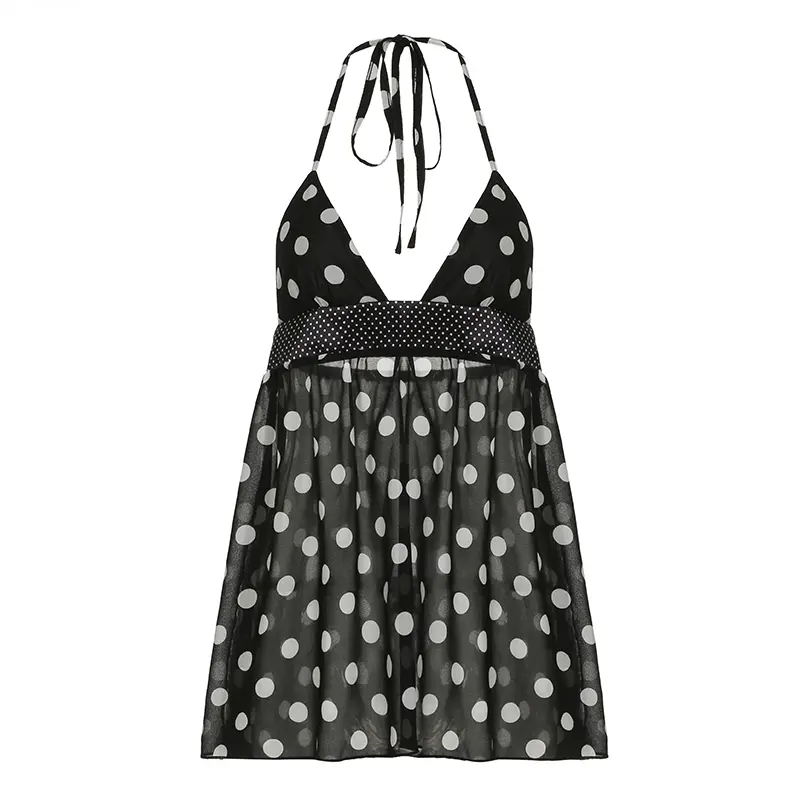 Women's Polka Dot Print Halter Neck Cami Casual A-line Hem Top for Summer Ladies Sexy Mesh See-through Backless Lace-Up Tops