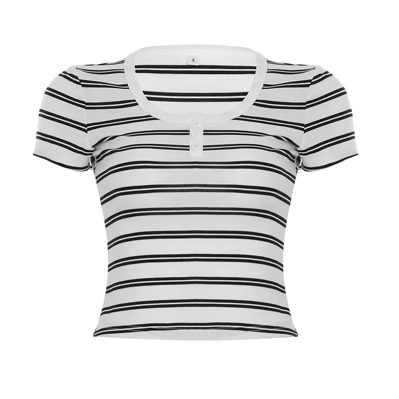 Rockmore Striped Knit Crop Top All Match Short Sleeve Slim Fit T Shirts Summer Casual Round Collar T-Shirt Women Korean Fashion