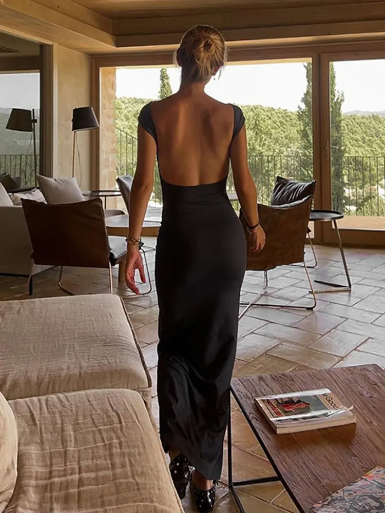 Rockmore Women's Backless Maxi Dress Sexy Solid Slim Fit Short Sleeve Elegant Bodycon Long Dresses for Streetwear Female Clothes
