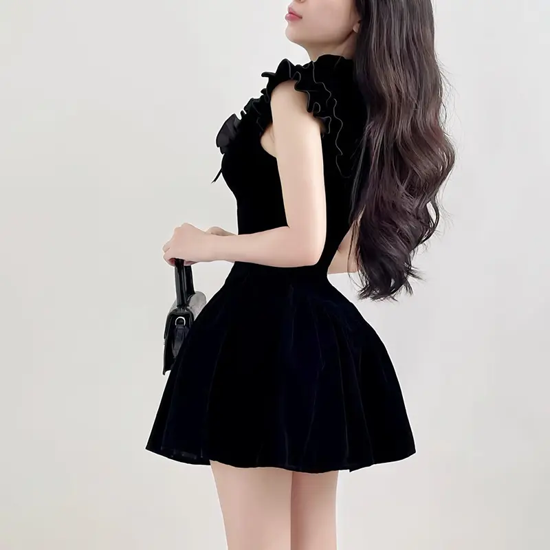 Rockmore Elegant Velvet Black Mini Dresses Sleeveless A-line Korean Fashion Birthday Party Coquette Sexy Ballroom Dress Women