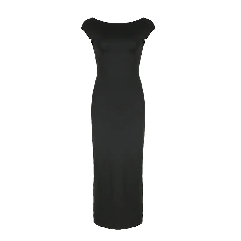 Rockmore Women's Backless Maxi Dress Sexy Solid Slim Fit Short Sleeve Elegant Bodycon Long Dresses for Streetwear Female Clothes