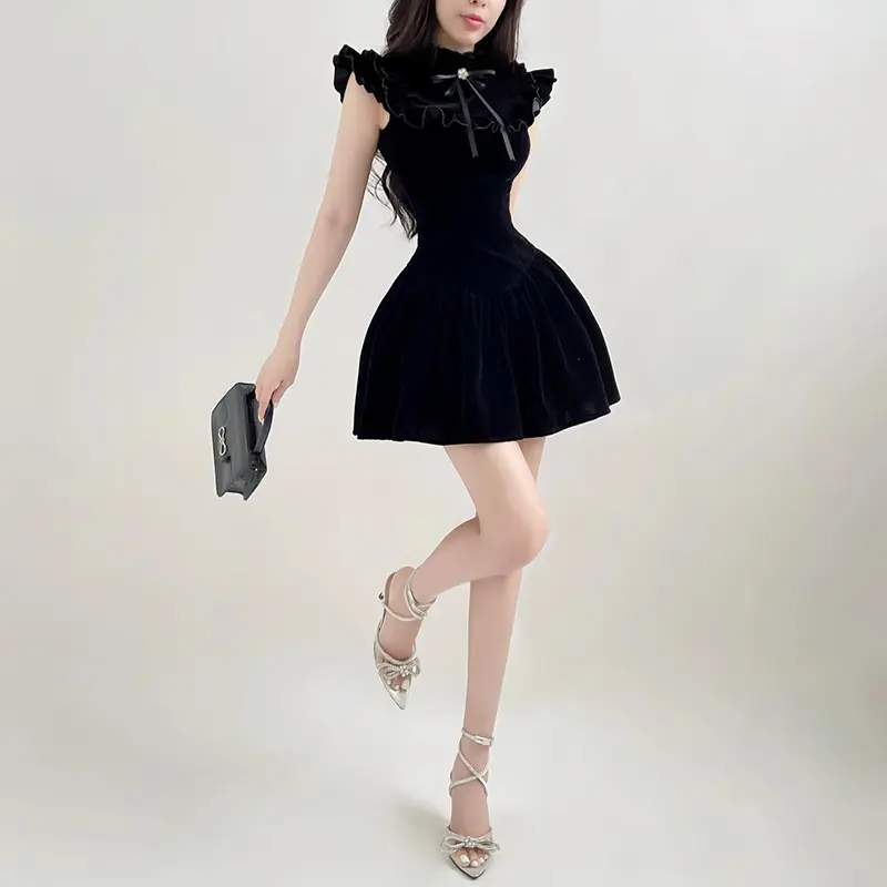 Rockmore Elegant Velvet Black Mini Dresses Sleeveless A-line Korean Fashion Birthday Party Coquette Sexy Ballroom Dress Women