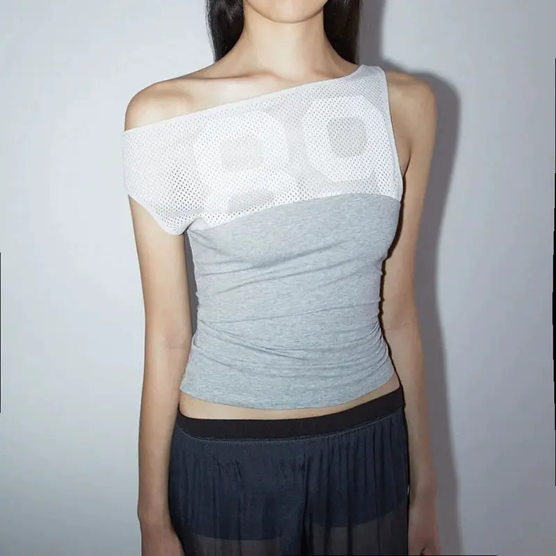 Rockmore Women'S Off-Shoulder Crop Tops Fashion Asymmetrical Neck Patchwork T-Shirts Y2K Figure Printed Mesh Slim-Fit Tops