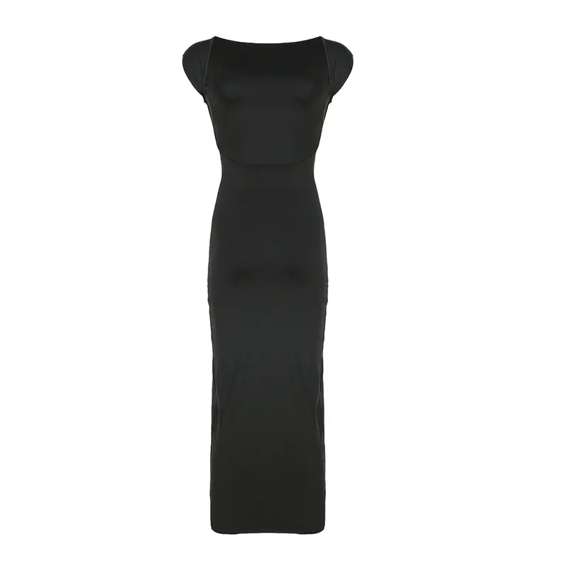 Rockmore Women's Backless Maxi Dress Sexy Solid Slim Fit Short Sleeve Elegant Bodycon Long Dresses for Streetwear Female Clothes