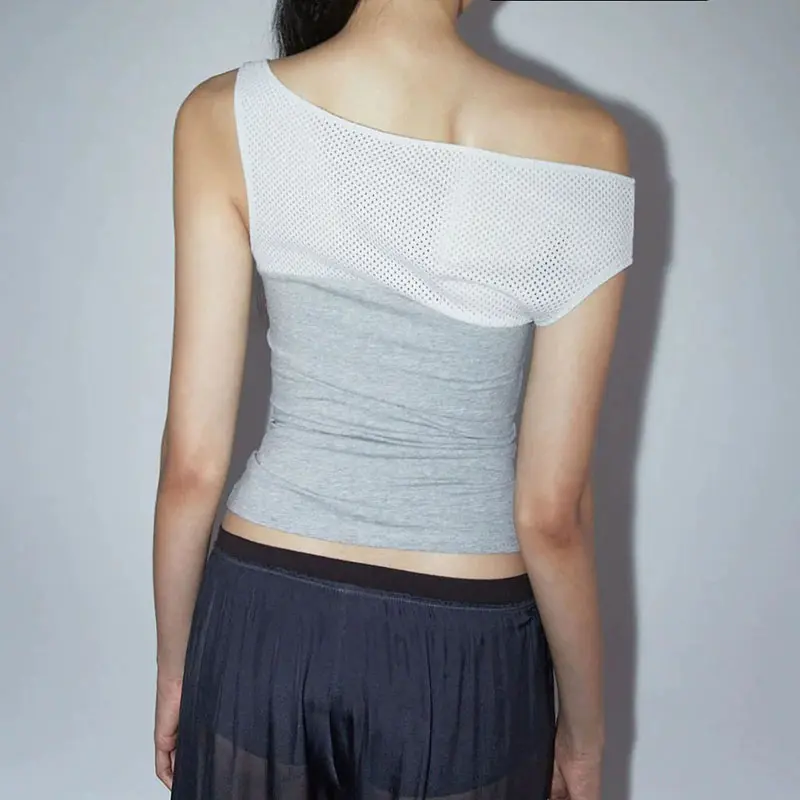 Rockmore Women'S Off-Shoulder Crop Tops Fashion Asymmetrical Neck Patchwork T-Shirts Y2K Figure Printed Mesh Slim-Fit Tops