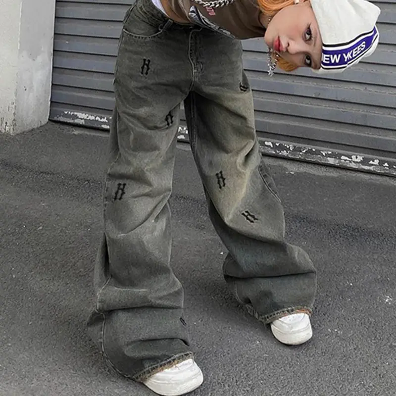 Rockmore Baggy Women's Jeans Streetwear Y2K Straight Cargo Pants Low Raise Wide Leg Distressed Denim Trousers 90s Vintage Korean