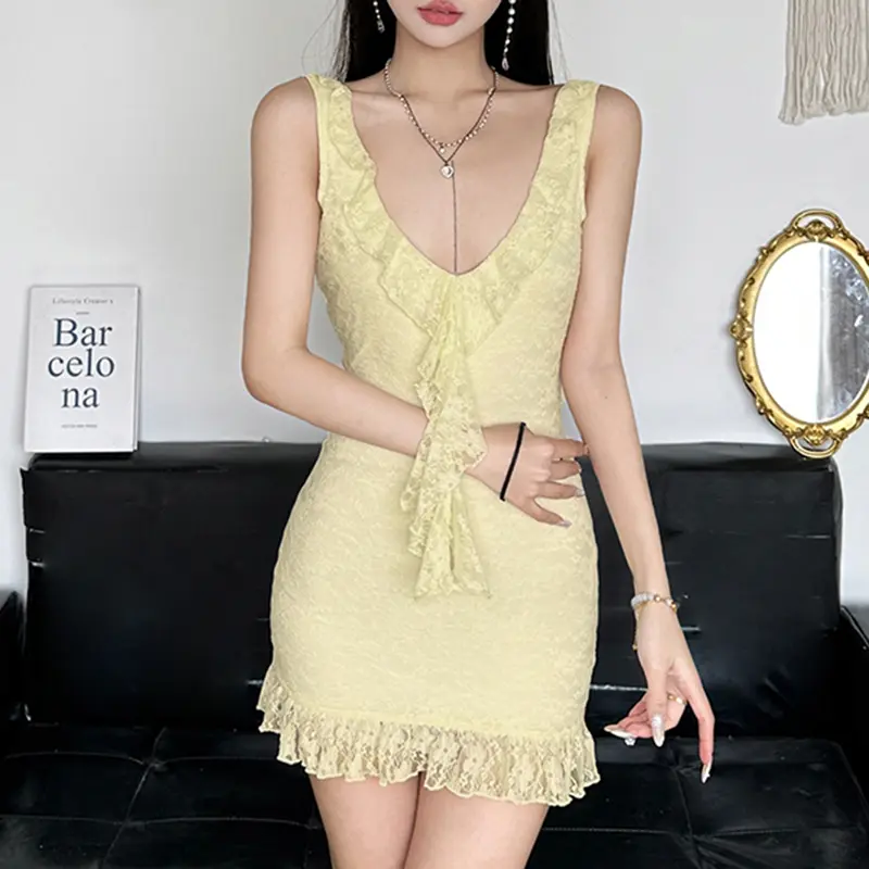 Rockmore Lace Ruffle Mini Dress For Women Elegant Deep V Neck Backless Bodycon Vestido Summer Sexy Night Club Party Dress 2025