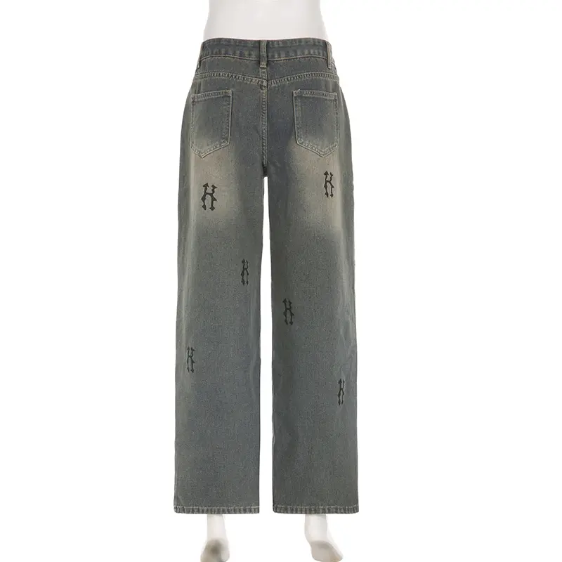 Rockmore Baggy Women's Jeans Streetwear Y2K Straight Cargo Pants Low Raise Wide Leg Distressed Denim Trousers 90s Vintage Korean