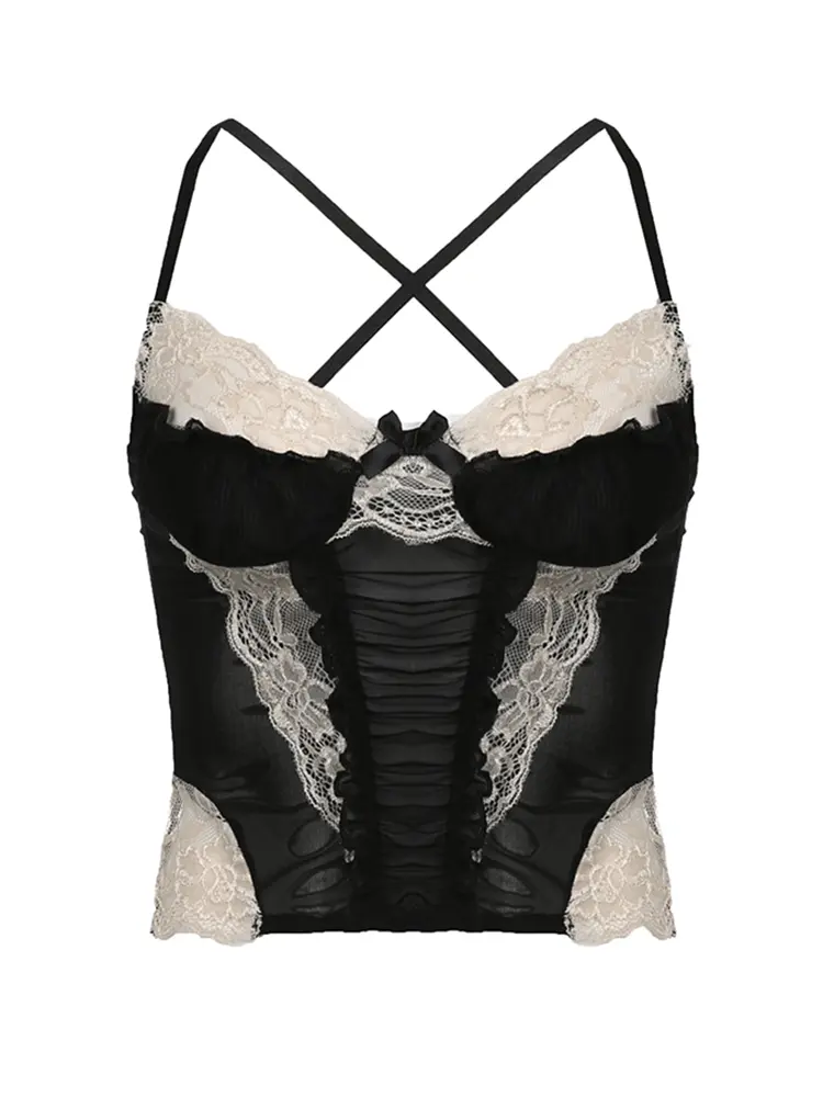 Rockmore Lace Stitching Camis y2k Aesthetic Goth Black Corset Crop Top Clubwear Mesh Transparent Sexy Tank Tops Vintage Grunge