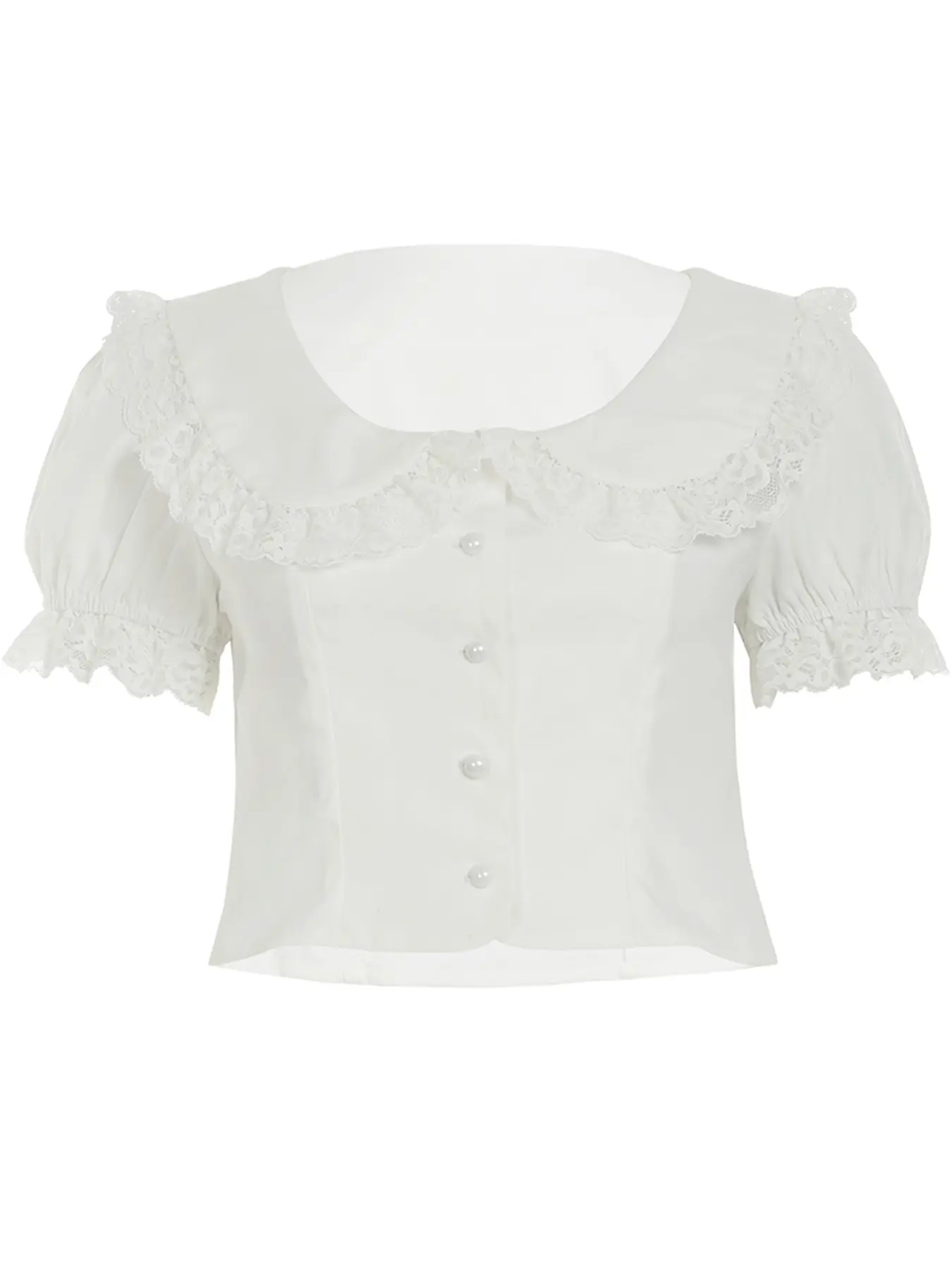Rockmoer Women's White Blouse Peter Pan Collar Lace Pearls Buttons Cropped Elegant Summer Kawaii Short Sleeve Casual Top