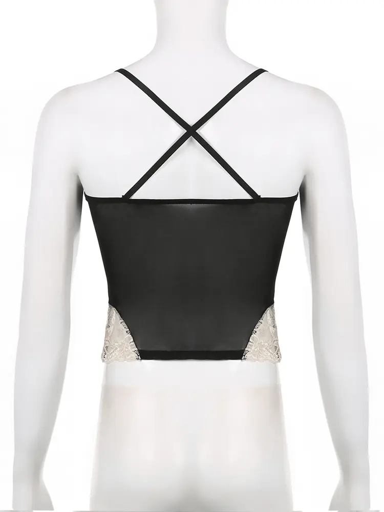 Rockmore Lace Stitching Camis y2k Aesthetic Goth Black Corset Crop Top Clubwear Mesh Transparent Sexy Tank Tops Vintage Grunge