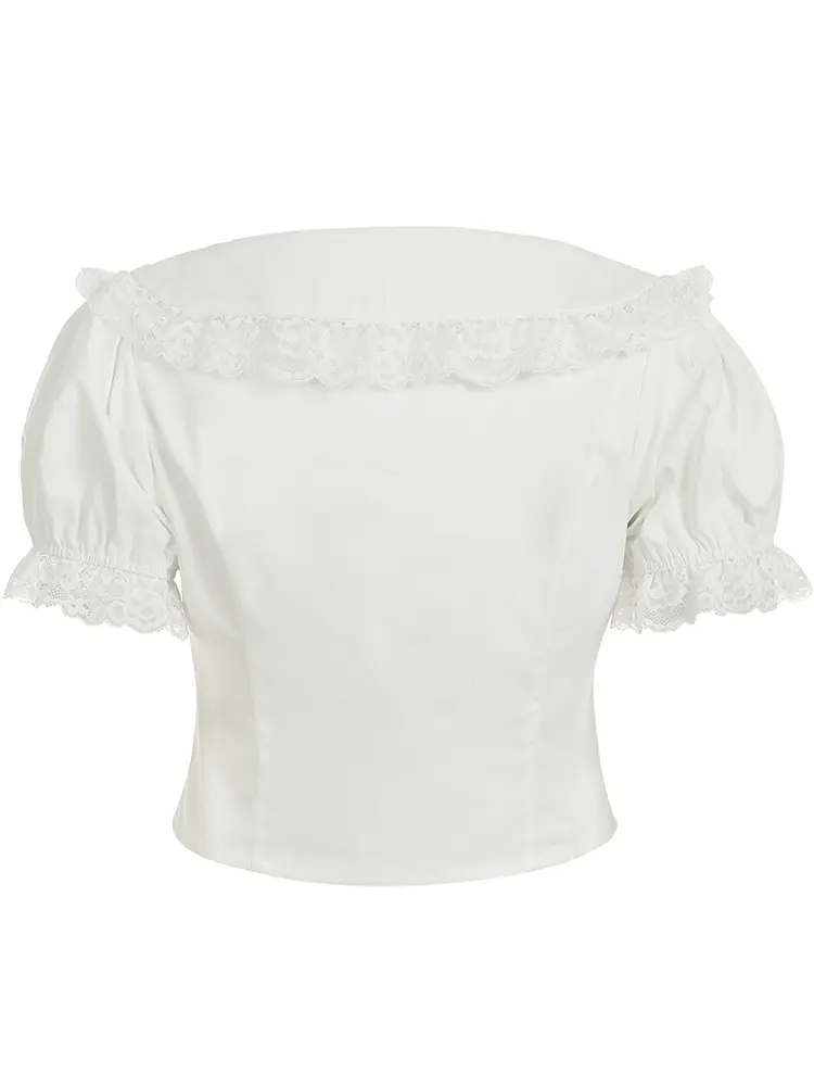 Rockmoer Women's White Blouse Peter Pan Collar Lace Pearls Buttons Cropped Elegant Summer Kawaii Short Sleeve Casual Top