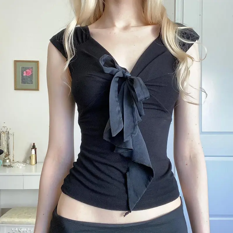 Rockmore Solid Bow Lace-up V Neck Short Sleeve Tops Casual Korean Y2K Sweetheart Coquette Slim T-shirt Summer Base Tee Shirts