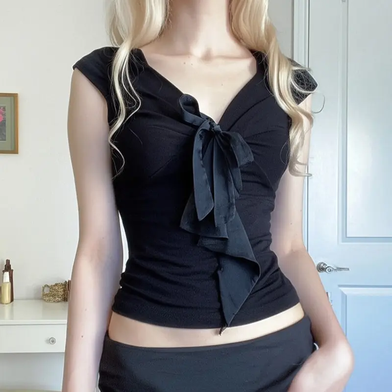 Rockmore Solid Bow Lace-up V Neck Short Sleeve Tops Casual Korean Y2K Sweetheart Coquette Slim T-shirt Summer Base Tee Shirts