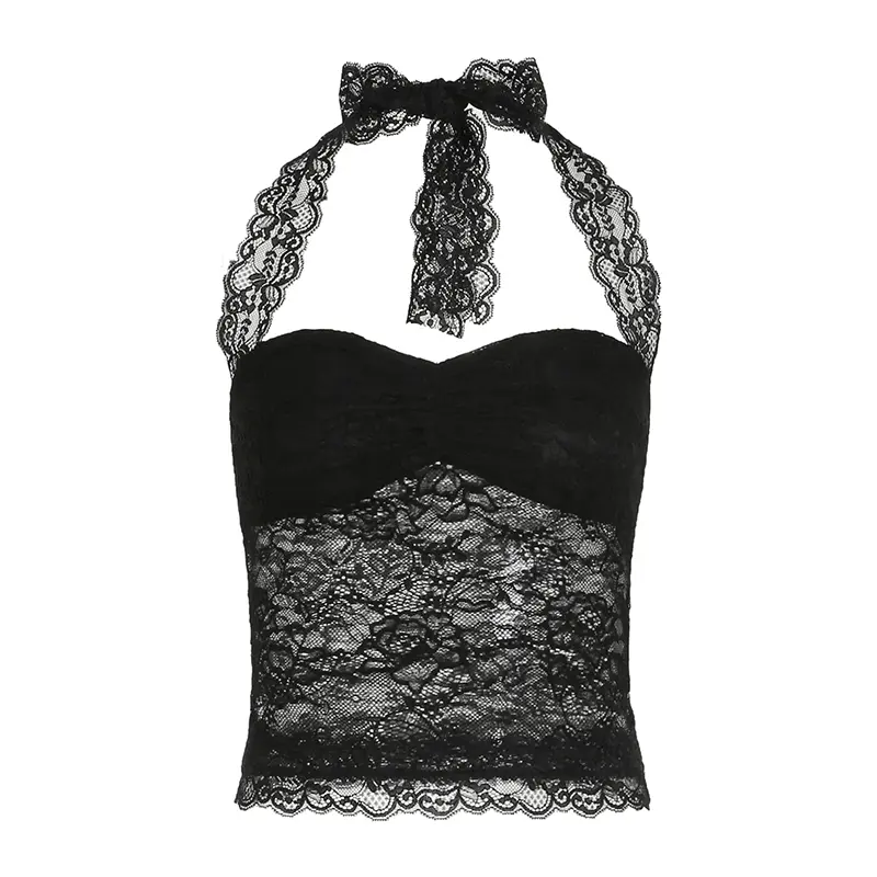 Rockmore Lace Mesh Sheer Camis Steetwear Spaghetti Strap Crop Top Women Summer Sleeveless Vest Y2K Coquette Backless Tie Up Tank
