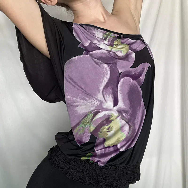 Rockmore 2025 Women Raglan Sleeve T-shirt Summer Off-shoulder Casual Elegant Floral Print T Shirts Skew Neck Loose Female Tops