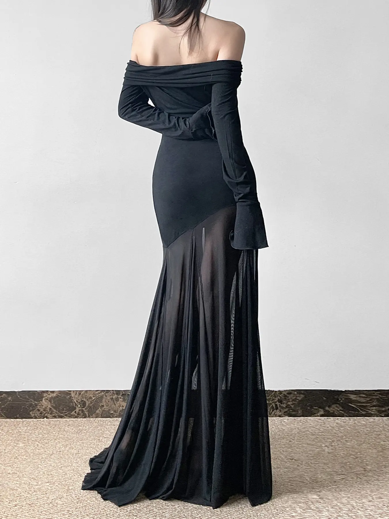Rockmore Elegant Waisted Irregular Patchwork Skinny Dresses Chic Sexy Mesh Printed One Shoulder Flared Sleeves Pleated Dress Y2k