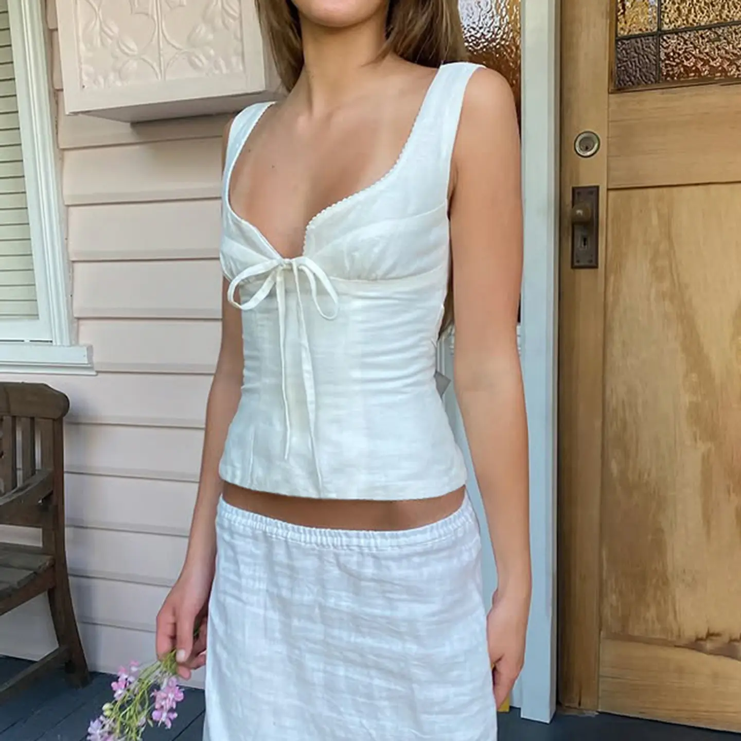 Rockmore Summer Solid Basic Vest Streetwear Chic Tie V Neck Crop Top Women's Sleeveless Top for Casual Camisole