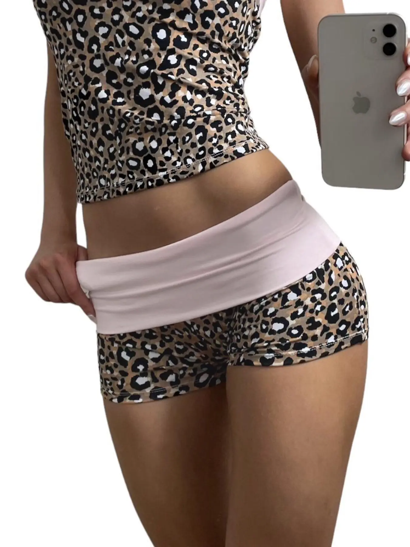 Rockmore Sexy Leopard Print Patchwork Tube Top 2PCS Shorts Vintage Aesthetic Sets Streetwear Casual Clothes Summer Women Outfits