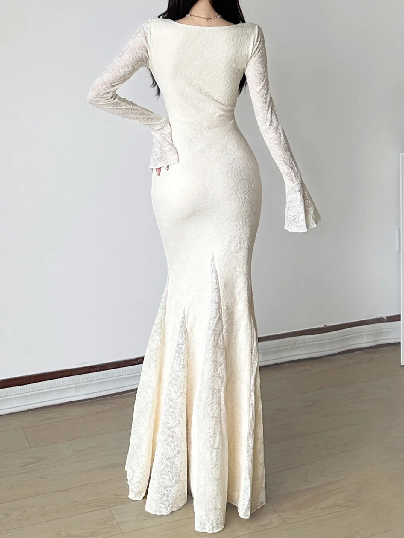 Rockmore French V-neck Lace Patchwork Trumpet Long Dress Y2k Aesthetic Waist Mesh Skinny Party Drees Elegant Dresses Woman 2024