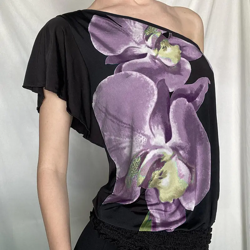 Rockmore 2025 Women Raglan Sleeve T-shirt Summer Off-shoulder Casual Elegant Floral Print T Shirts Skew Neck Loose Female Tops