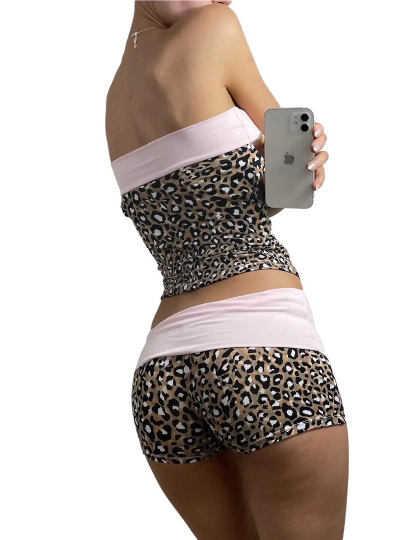 Rockmore Sexy Leopard Print Patchwork Tube Top 2PCS Shorts Vintage Aesthetic Sets Streetwear Casual Clothes Summer Women Outfits
