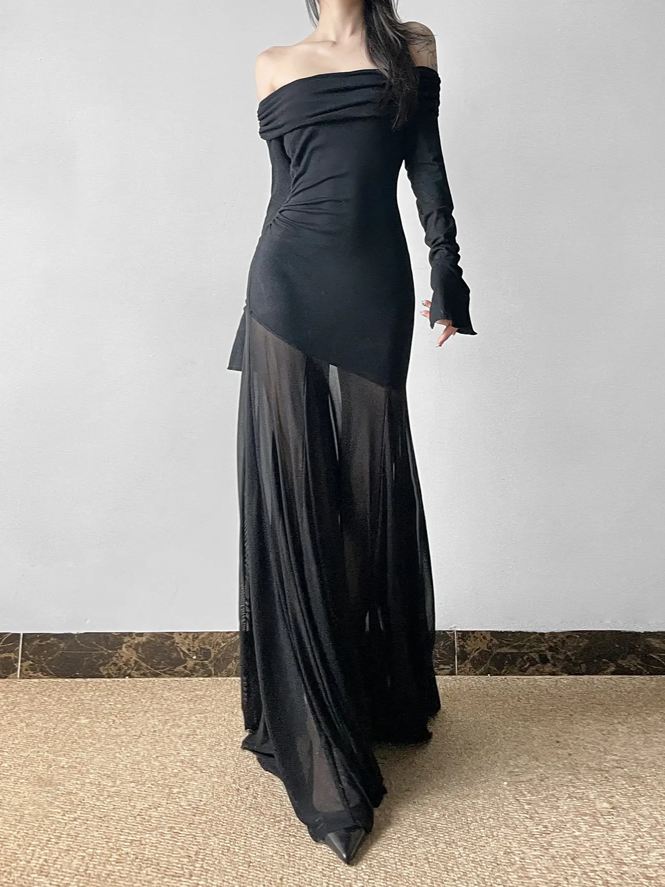 Rockmore Elegant Waisted Irregular Patchwork Skinny Dresses Chic Sexy Mesh Printed One Shoulder Flared Sleeves Pleated Dress Y2k
