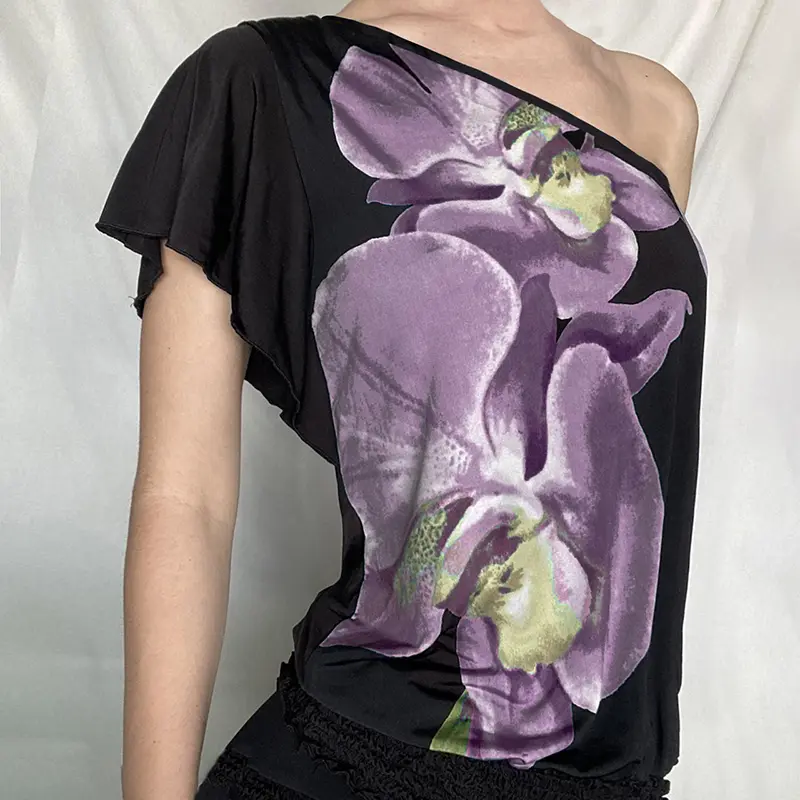 Rockmore 2025 Women Raglan Sleeve T-shirt Summer Off-shoulder Casual Elegant Floral Print T Shirts Skew Neck Loose Female Tops