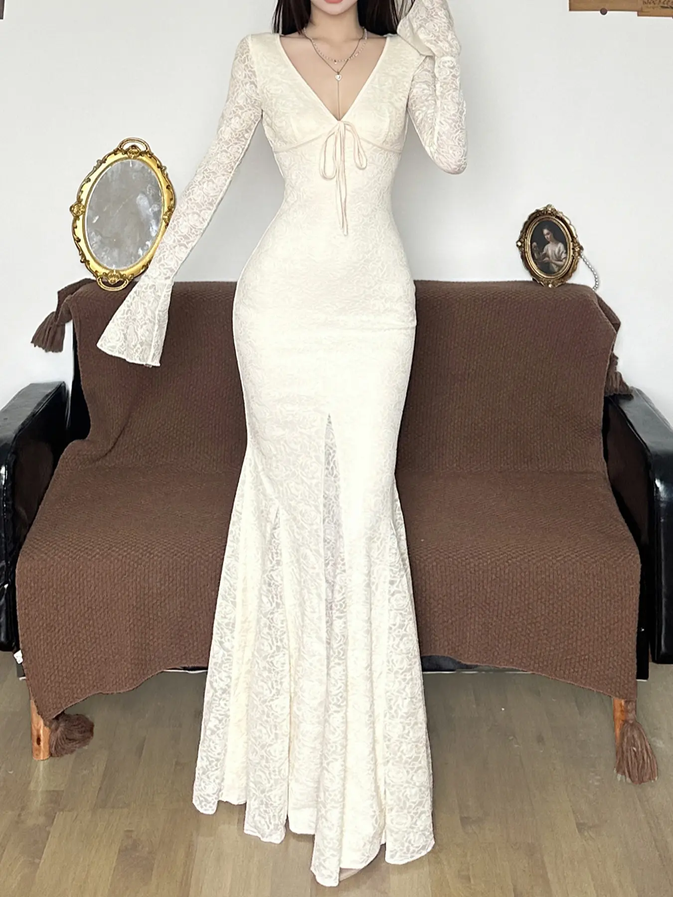 Rockmore French V-neck Lace Patchwork Trumpet Long Dress Y2k Aesthetic Waist Mesh Skinny Party Drees Elegant Dresses Woman 2024