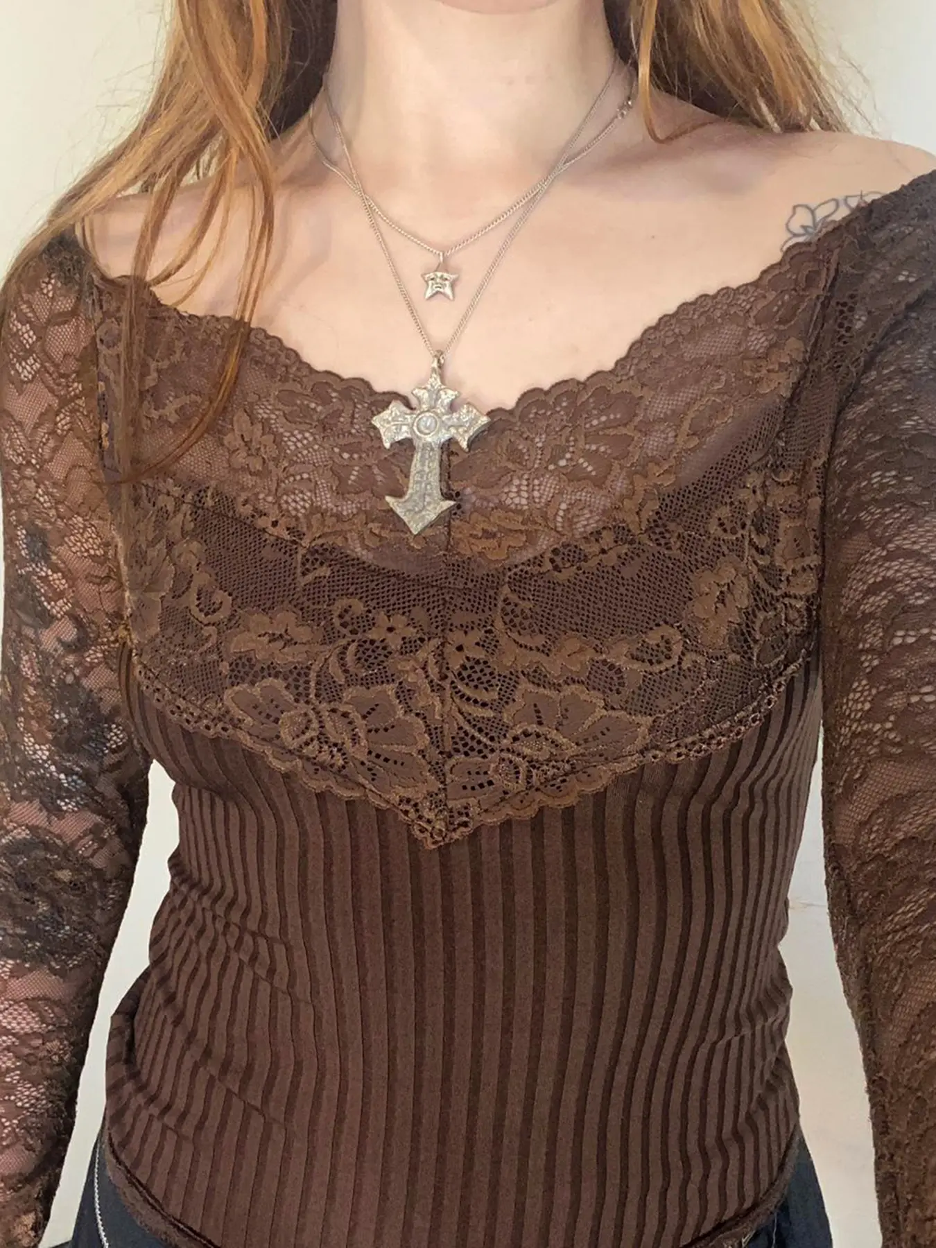 Rockmore Brown V-neck See Through Slim Fit Pullover Chic Long Sleeve Lace Crop Tops Grunge Fairycore Vintage Clothes Aesthetic