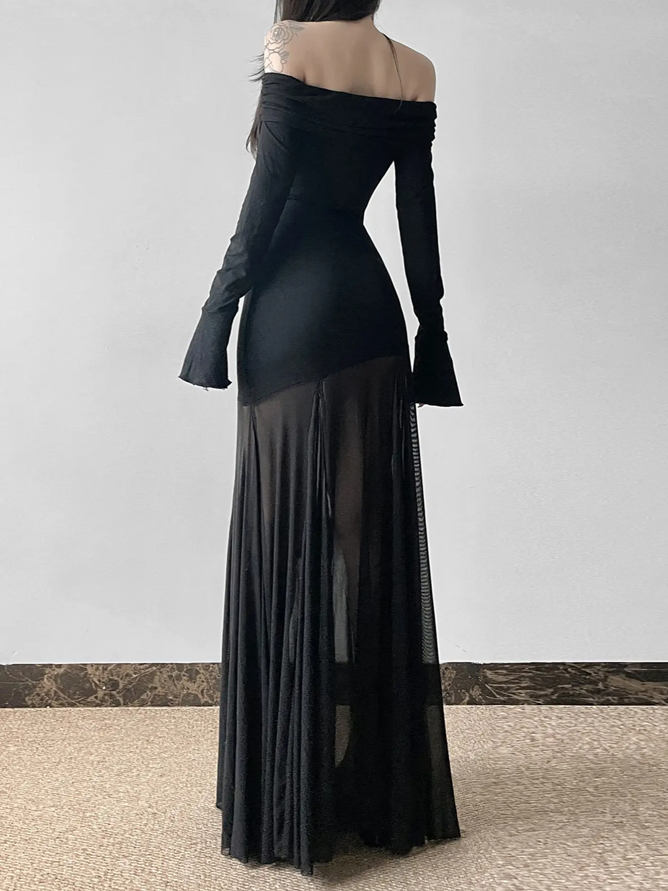 Rockmore Elegant Waisted Irregular Patchwork Skinny Dresses Chic Sexy Mesh Printed One Shoulder Flared Sleeves Pleated Dress Y2k