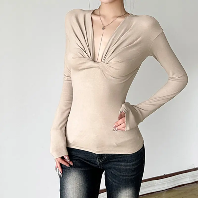 Rockmore Chic Pleats Women's Deep V-Neck Long Sleeve T Shirt Slim-Fitting Casual Solid Color Top Tee Autumn Basic Versatile