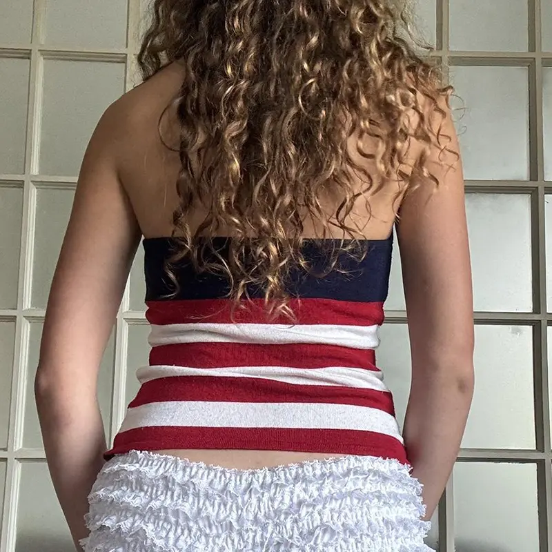 Rockmore Stripes Stars Contrasting Knit Camisole Women's Slim Fit Spaghetti Strap Halter Tie Up Crop Top Y2K coquette fashion