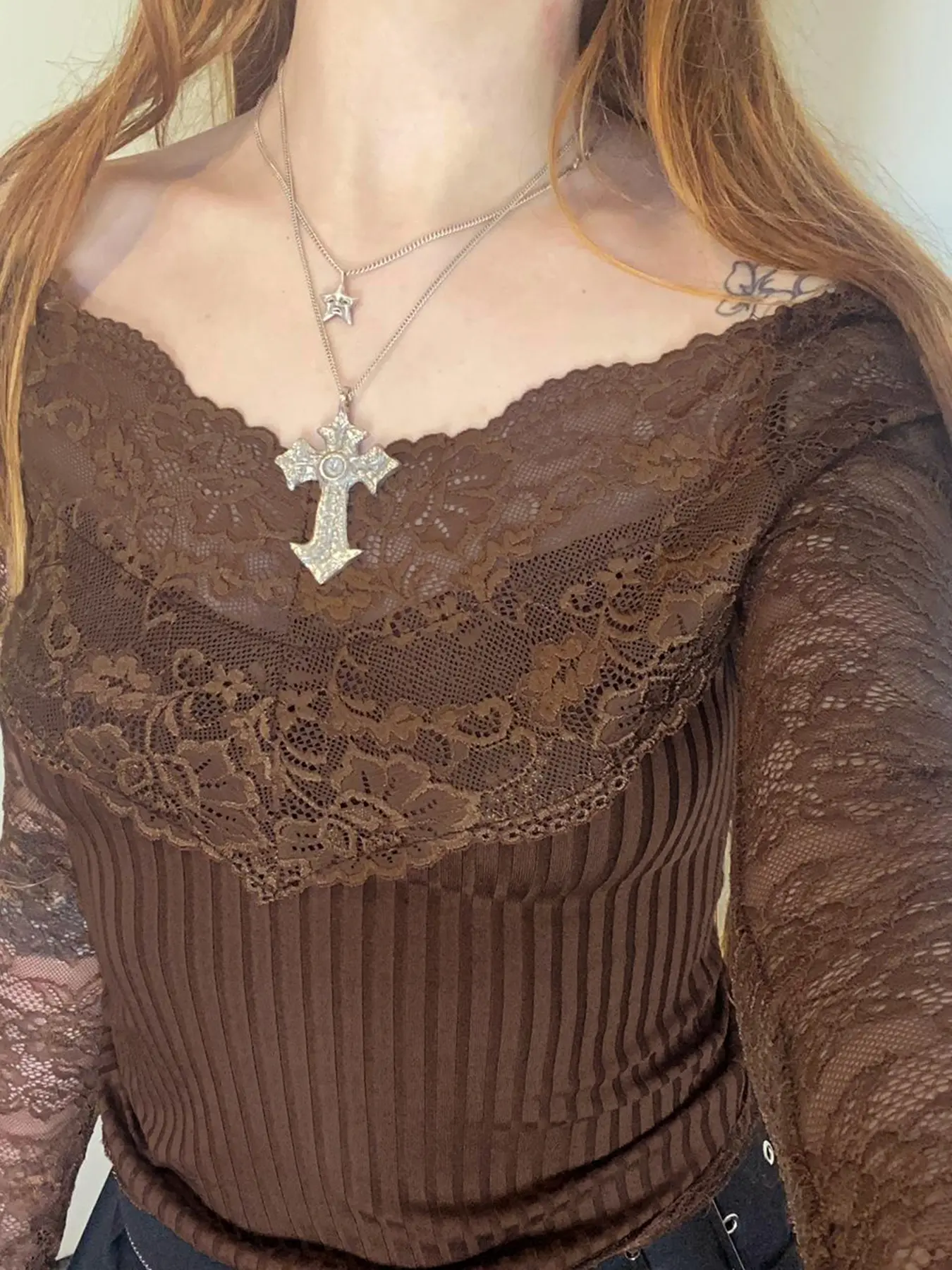Rockmore Brown V-neck See Through Slim Fit Pullover Chic Long Sleeve Lace Crop Tops Grunge Fairycore Vintage Clothes Aesthetic