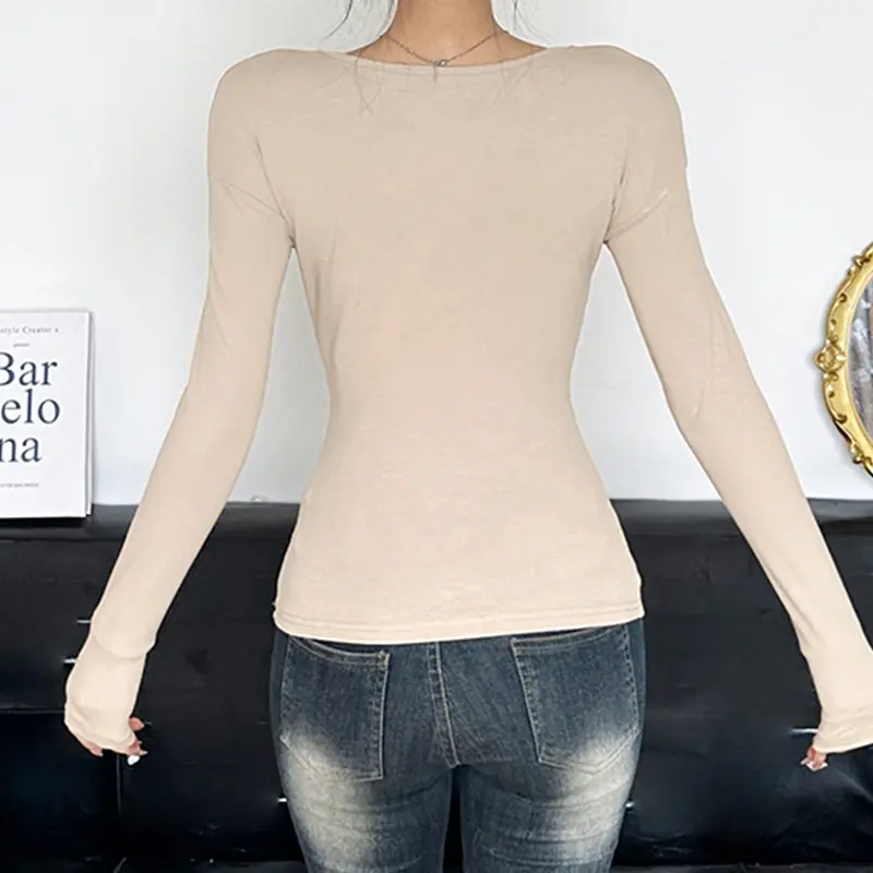 Rockmore Chic Pleats Women's Deep V-Neck Long Sleeve T Shirt Slim-Fitting Casual Solid Color Top Tee Autumn Basic Versatile