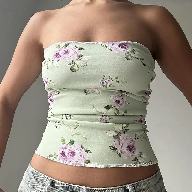 Rockmore Y2K Floral Print Tube Top Women Strapless Crop Top for Summer Camis for Party Holiday Coquette Aesthetic Fairycore